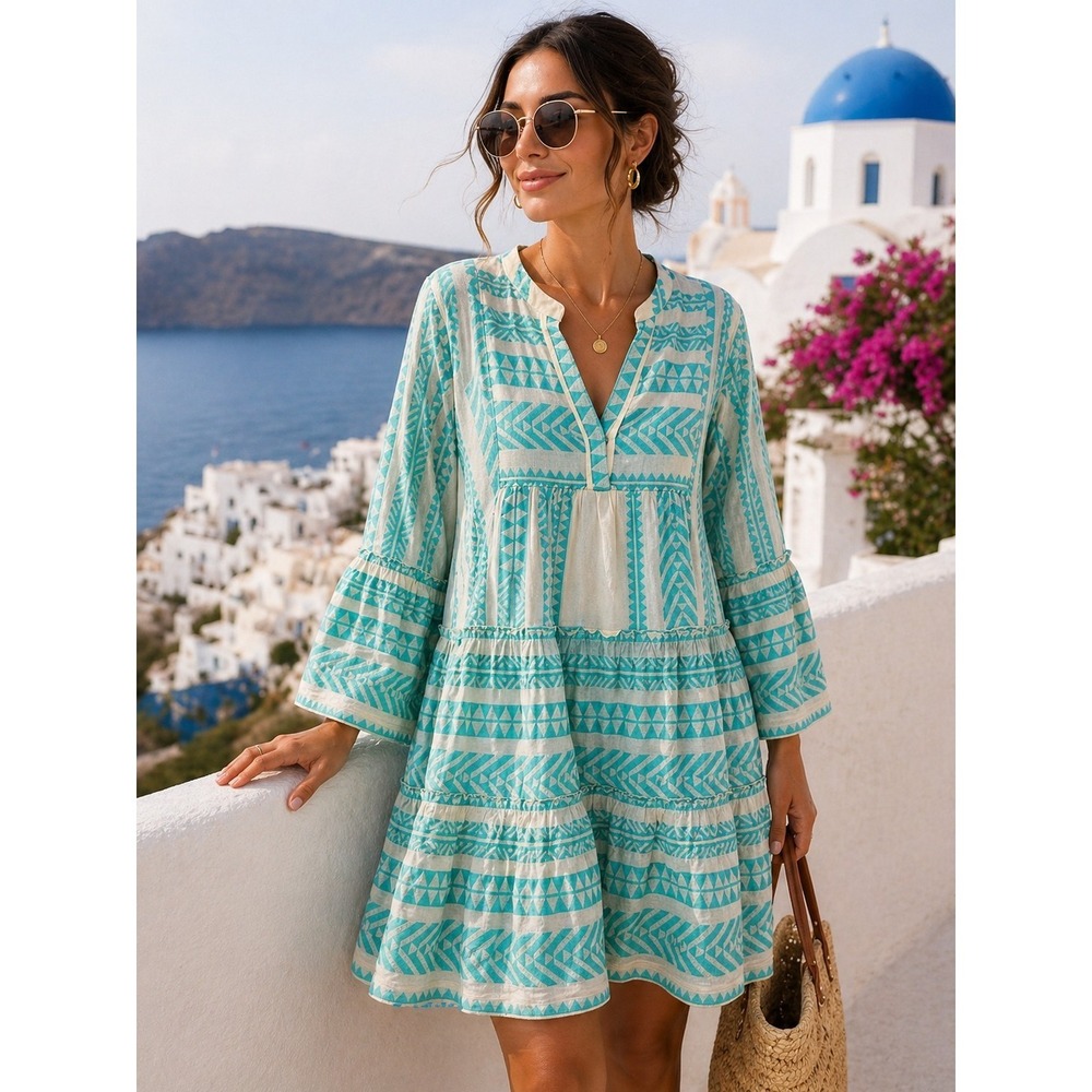 Devotion Twins Dress L Cotton Tiered Boho Mini Aqua Cream Greek Resort Tunic